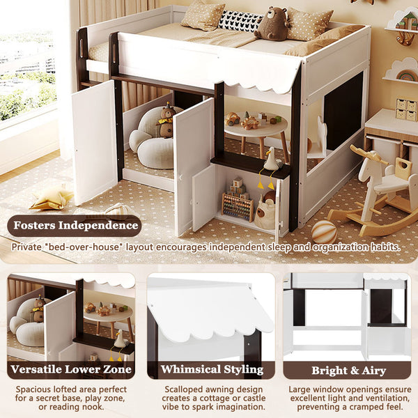 English Elm Twin House Loft Bed with Pull Out Rolling Desk Stair Drawers and Cabinet Storage Espresso+White N820S00074P