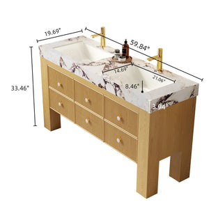 English Elm LONIS 60" Viola Calacatta Purple Sintered Stone Vanity with Double Ceramic Basins, 6-Drawer Oak W2615P279361