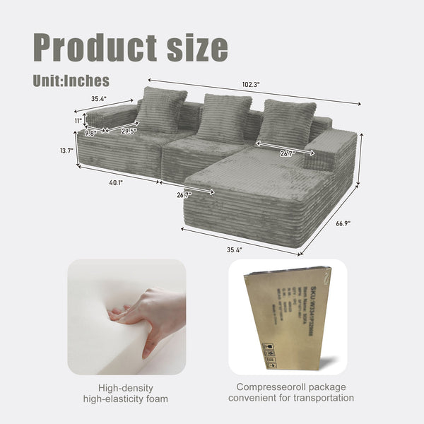 English Elm Compression Sectional Couch with Chaise Sleeper, Corduroy Antique Grey, CertiPUR-US Foam, Modular Comfort W3341P329074