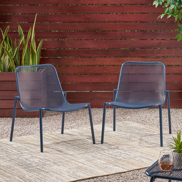 English Elm Christopher Knight Home® - 3 Piece Seating Group Durable Iron Outdoor Bistro Set with Breathable Mesh Chairs & Glass Table Navy Blue 65200.00NBLU_65201.00NBLU