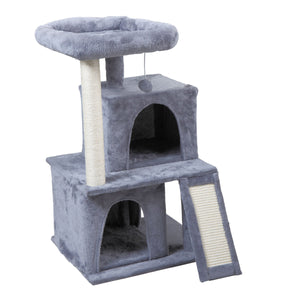 English Elm Double-layer Cat Tree with Sisal Ladder Flannel Houses and Pompom Toy for Small Spaces W2181P357568