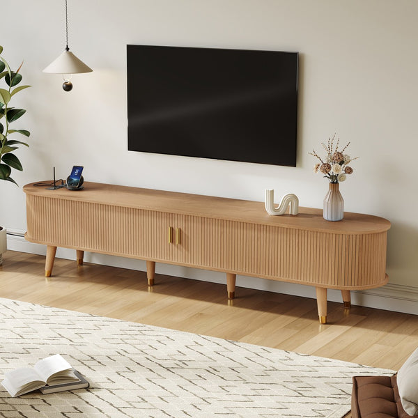 English Elm Wooden Fluted Tambour Media Console Mid Century Modern Tv Stand with Built in Charging Natural N721P428444L