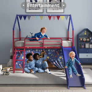 English Elm Jack Metal Junior Loft Bed With Slide & Curtain Set – Superhero Red & Blue Design For Fun Playtime! B083P354665