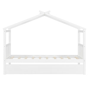 English Elm Twin House Bed Solid Pine Cottage Frame with Pull Out Trundle for Kids Bedroom White N708P309238K