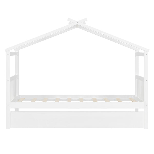 English Elm Twin House Bed Solid Pine Cottage Frame with Pull Out Trundle for Kids Bedroom White N708P309238K