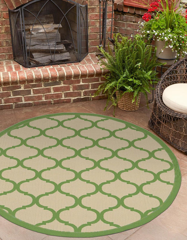 Unique Loom Outdoor Trellis Moroccan Machine Made Geometric Rug Beige and Green, Green 6' 1" x 6' 1"
