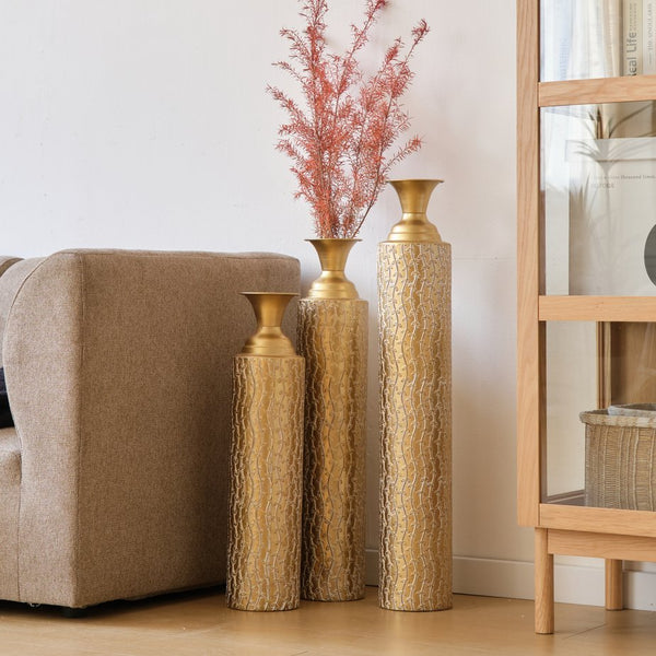 English Elm Metal Decorative Vases Set Of 3 - Antique Gold Finish With Etched Vine Patterns For Elegant Décor W2796P192834