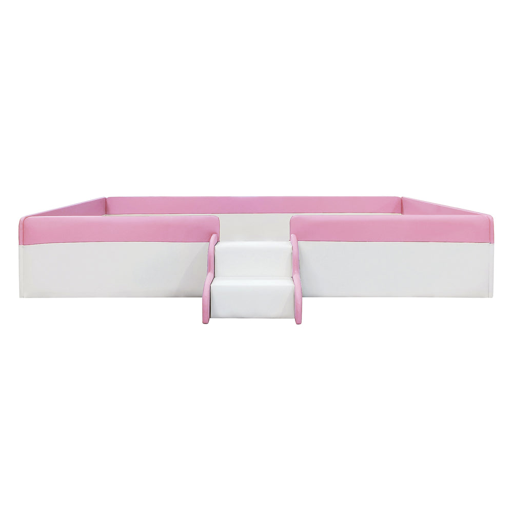 English Elm Twin Upholstered Daybed Frame with Fence & Stairs in Pink+White, PU Comfort, 10 Slats, 300lb Capacity SF000153AAH