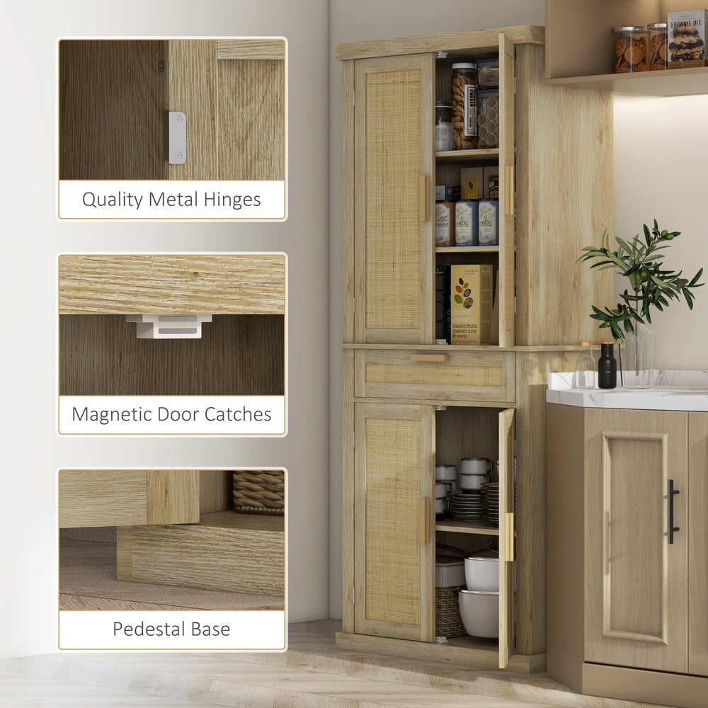 English Elm Homcom 72" Tall Boho Pantry Cabinet With Rattan Panels, 5-Tier Storage, Adjustable Shelves, Oak Finish W2225P229259