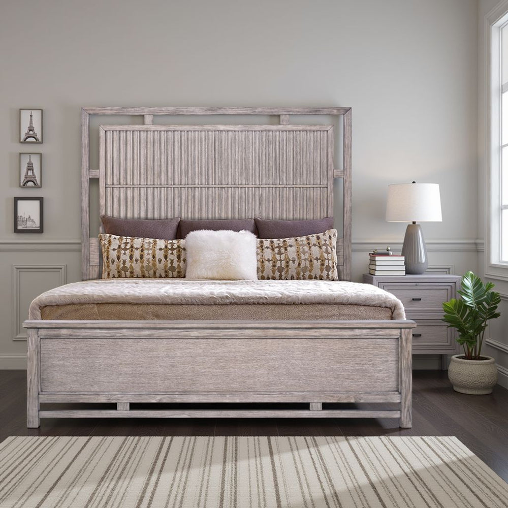 English Elm Fusion Oak Veneer King Panel Bed with Slat Headboard and Warm Dawn Wood Finish B108S00042