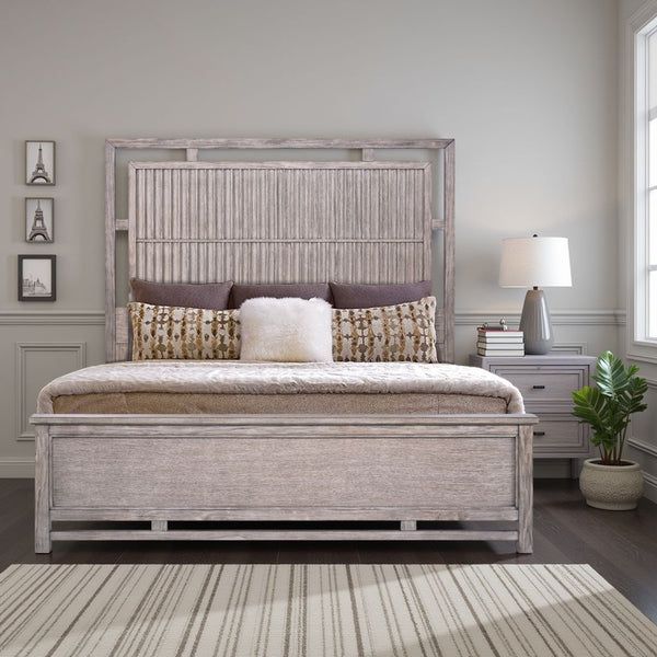 English Elm Fusion Oak Veneer King Panel Bed with Slat Headboard and Warm Dawn Wood Finish B108S00042