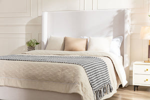 English Elm Harper Wingback King Bed Ivory Canvas Upholstery Walnut Feet Architectural Bedroom B191P450000