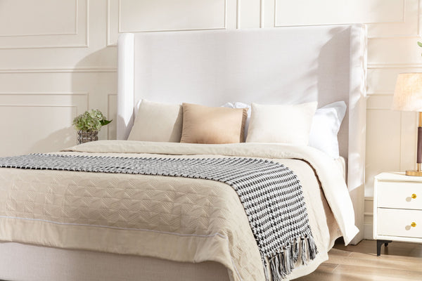 English Elm Harper Wingback King Bed Ivory Canvas Upholstery Walnut Feet Architectural Bedroom B191P450000