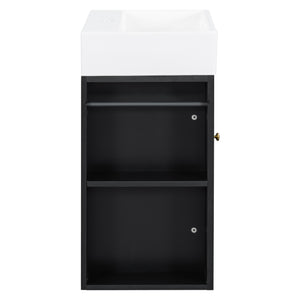 English Elm 20 Modern Wall-Mounted Bathroom Vanity with Ceramic Sink, Diamond Door, Gold Handles & Shelves — Compact Black N725P314033B