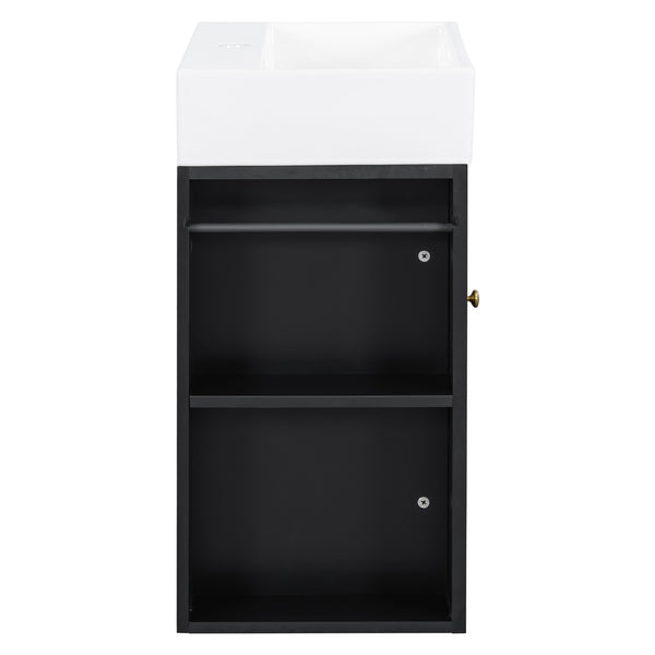 English Elm 20 Modern Wall-Mounted Bathroom Vanity with Ceramic Sink, Diamond Door, Gold Handles & Shelves — Compact Black N725P314033B