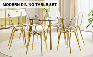 English Elm Table Set: Modern Round Tempered Glass Dining Table With 6 Transparent Chairs & Gold Legs, Stylish! W1151S02865-GIGA