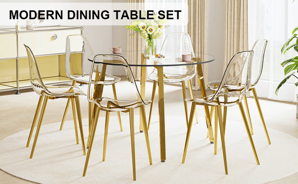 English Elm Table Set: Modern Round Tempered Glass Dining Table With 6 Transparent Chairs & Gold Legs, Stylish! W1151S02865-GIGA