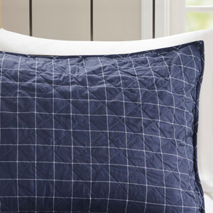 English Elm 3 Piece Timber Reversible Quilt Set King/Cal King - Rustic Green Navy Patchwork, Windowpane Reverse, Cotton-Rich Comfort B03597592