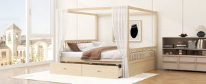 English Elm Wooden Canopy Queen Bed Solid Frame with Built-in Storage Drawers Slatted Base Natural N7090005037N