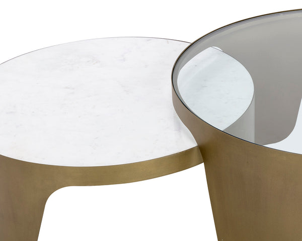 Sunpan Mysaria Nesting Coffee Tables Set of 2 - Sculptural Design with Antique Brass Base & Marble Top