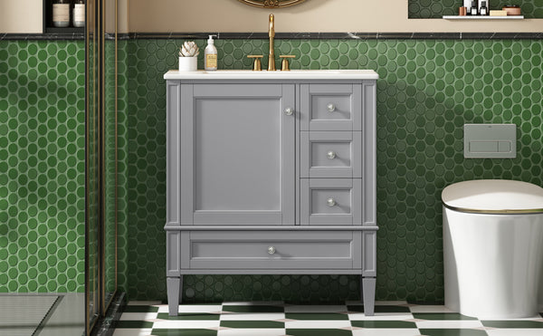 English Elm 30 30 Inch Bathroom Vanity with Ceramic Sink, Modern Compact 3-Drawer Storage Cabinet for Small Baths Grey N710P247499E