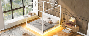 English Elm King LED Canopy Bed Frame King Size White Modern Platform with Support Slats, No Box Spring Needed, 600lb Capacity N820S10007K