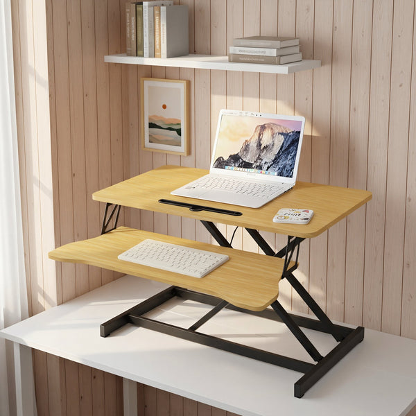 English Elm 32 Inch Sit Stand Desk Converter with Keyboard Tray Dual Monitor Ergonomic Riser Black,Natural W2641P406128