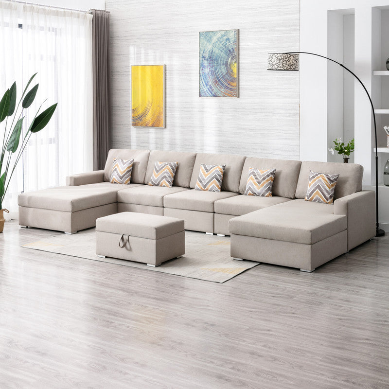 English Elm Nereo Gray Linen Double Chaise Sectional with Storage Ottoman for Spacious Living Beige B2749S00123
