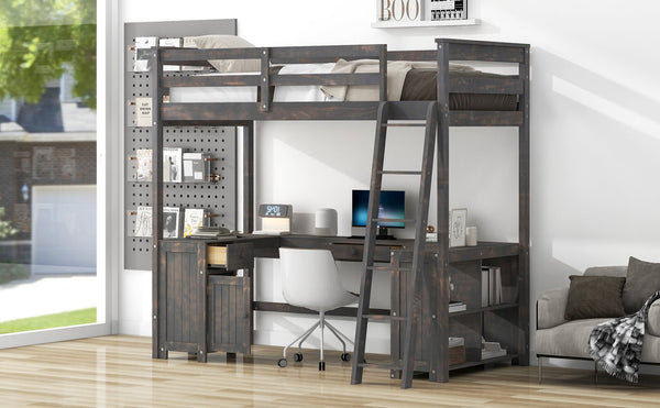 English Elm Twin Loft Bed with U-Shaped Desk, Drawers & Shelves — Antique Brown Twin Work-Study Space, 350lb Capacity GX001038AAD