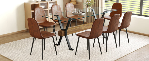 English Elm Table Set With Tempered Glass Top And 8 Brown Techno-Fabric Chairs, Modern X-Shaped Metal Legs W1151S04088-GIGA