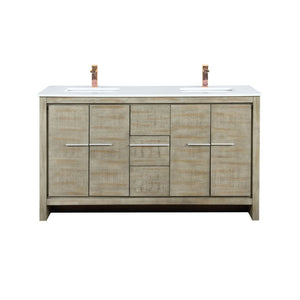 English Elm Rustic Acacia Double Bath Vanity 60" W X 20" D, White Quartz Top & Rose Gold Faucet For Elegance B2731P259213-GIGA