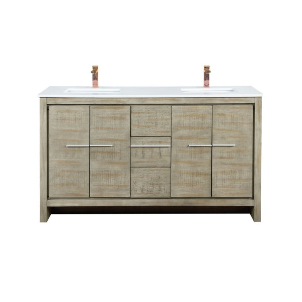 English Elm Rustic Acacia Double Bath Vanity 60" W X 20" D, White Quartz Top & Rose Gold Faucet For Elegance B2731P259213-GIGA