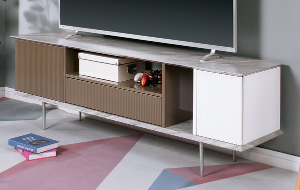 English Elm Modern Multi-Tone TV Console 70" with Open Shelves, Single Drawer, Replicated Marble Top, High-Gloss Finish B2741P361880