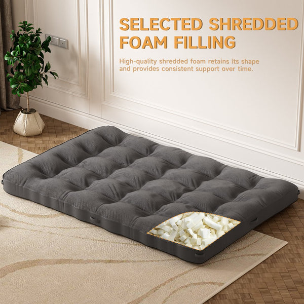 English Elm 6 Inch Corduroy Foldable Floor Mattress Full Size Futon Pad for Guest Sleeping Light Gray T3210P477350