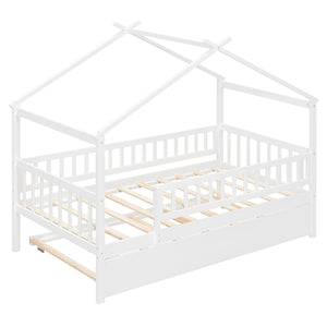 English Elm Twin House Bed with Trundle Solid Pine Frame Walnut Kids Bedroom Sleepover N708P357115K