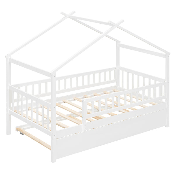English Elm Twin House Bed with Trundle Solid Pine Frame Walnut Kids Bedroom Sleepover N708P357115K