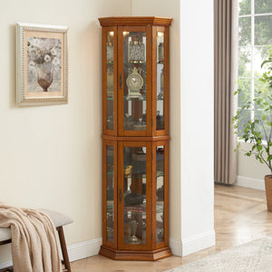 English Elm Corner Curio Cabinet with Lighted Top, Mirrored Back, Tempered Glass Shelves, Walnut Finish Elegance Oak W1693P165016