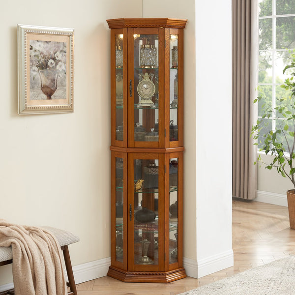 English Elm Corner Curio Cabinet with Lighted Top, Mirrored Back, Tempered Glass Shelves, Walnut Finish Elegance Oak W1693P165016