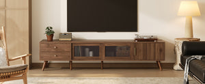 English Elm 76" Wood Grain Media Console with Glass Doors Deep Drawers and Living Room Storage N710P397467P