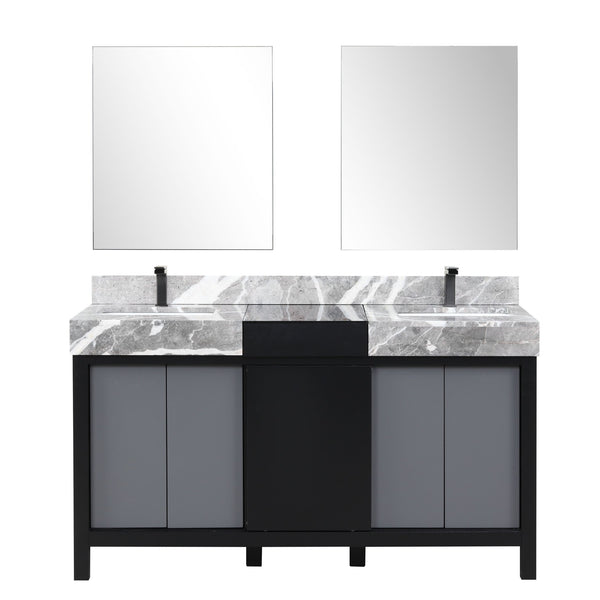 English Elm Black Double Bath Vanity 60" With Castle Grey Marble Top, Gun Metal Faucets & 28" Matching Mirrors B2731S01154