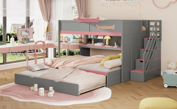 English Elm House-shaped Pine Bunk Bed with Built-in Slide Storage Staircase Twin Over Full Kids Frame Gray N820S00067E