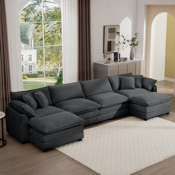 English Elm Corduroy Sofa - Stylish 4-Seater With 3 Footstools, Ergonomic Comfort, Easy Assembly & Modern Design W714S00842