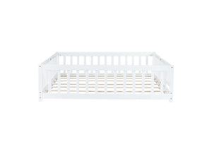 English Elm Queen Floor Bed with Safety Fence and Guardrails, Rubberwood Low Profile Platform for Kids White W504P286387