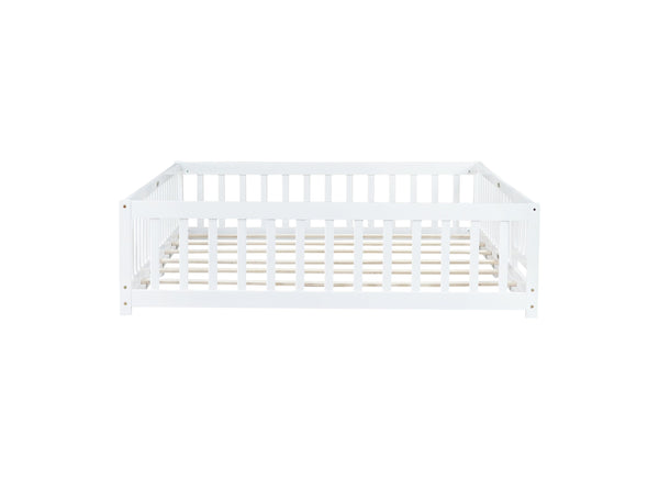 English Elm Queen Floor Bed with Safety Fence and Guardrails, Rubberwood Low Profile Platform for Kids White W504P286387