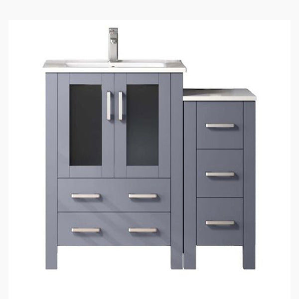 English Elm Dark Grey Bath Vanity Set With Mirror, Faucet, Side Cabinet & White Ceramic Top For Space-Saving Style B2731S01361