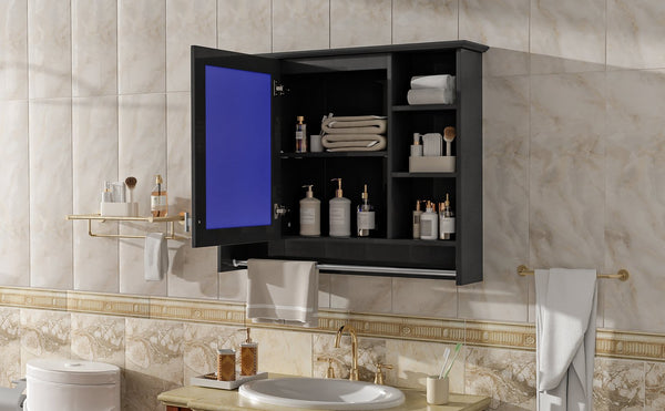 English Elm 3-in-1 Wall Mounted Medicine Cabinet with Soft Close Door Towel Bar and Vanity Mirror Black N710P358618B