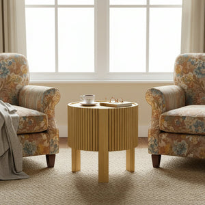 English Elm Round Fluted Rubberwood Side Table with Soft Close Storage for Modern Living Spaces N735P369881N