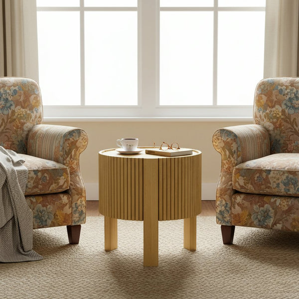 English Elm Round Fluted Rubberwood Side Table with Soft Close Storage for Modern Living Spaces N735P369881N