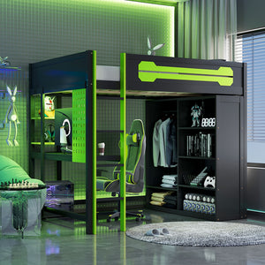 English Elm Full Size Gaming Loft Bed with Rgb Lighting Integrated Desk and Open Wardrobe Green N820S00073F