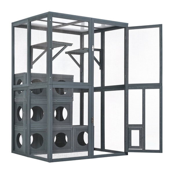 English Elm Catio Outdoor Cat Enclosure Pine Wood Seven Modular Boxes Weatherproof Climbing Habitat N843MP004G